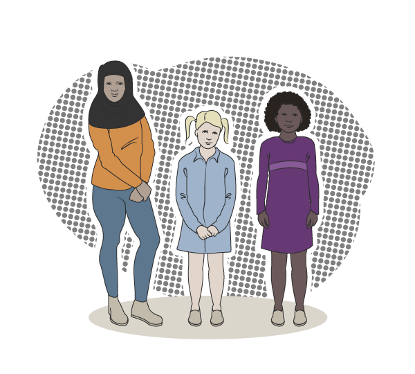 En illustration föreställande tre barn med olika etnisk bakgrund